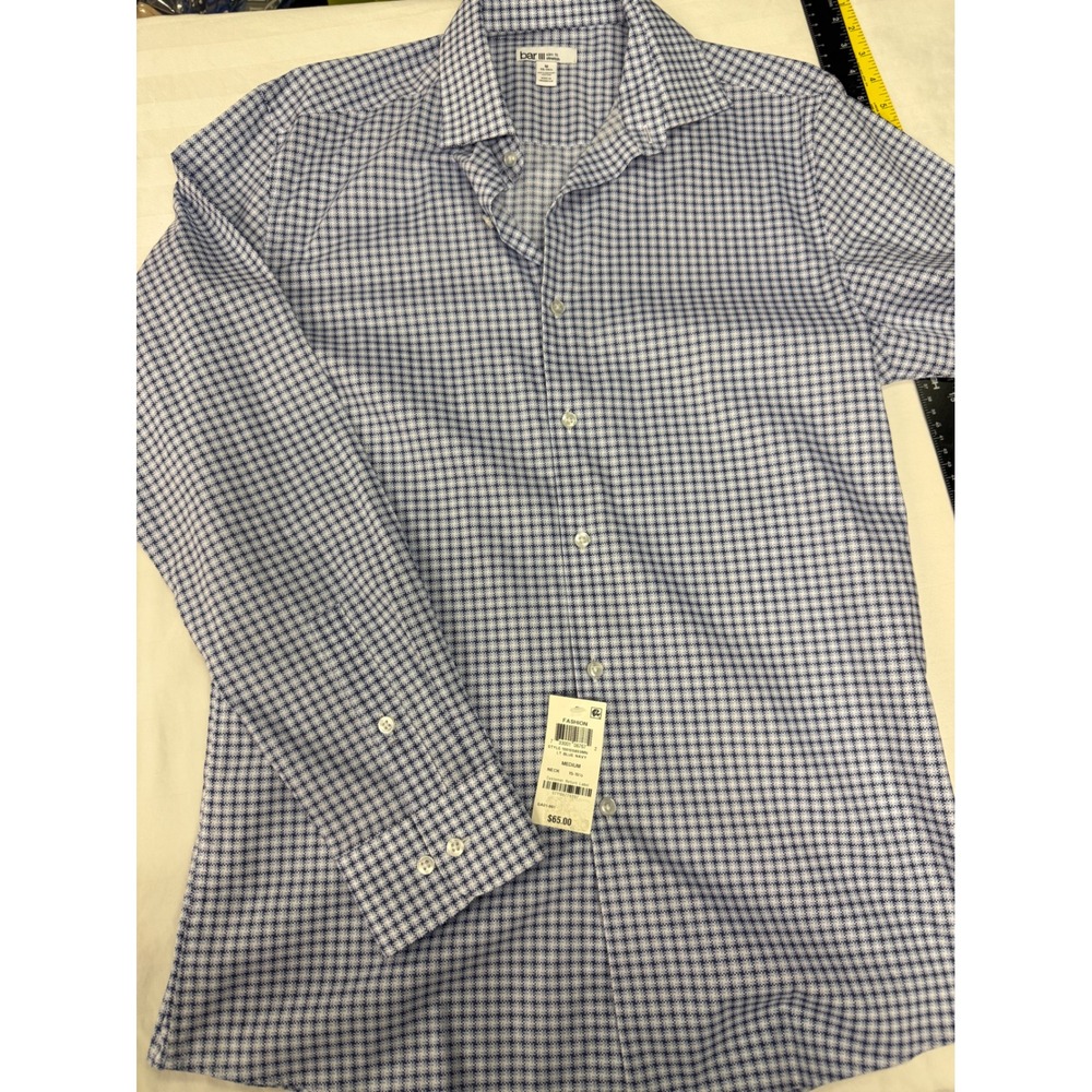 NWT Bar III Mens Slim Fit Stretch Organic Cotton Dress Shirt Blue Check M Office